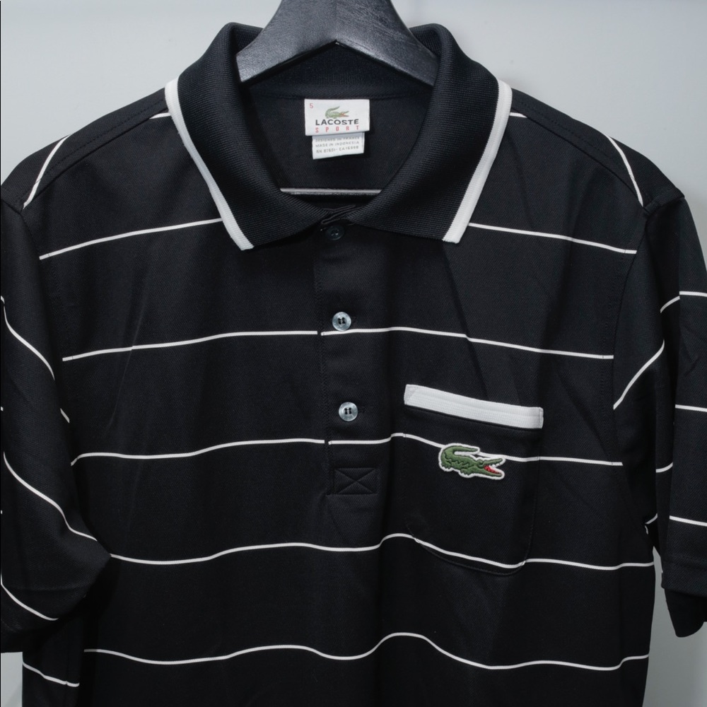 Lacoste Black Polo with White Stripes and Green Crocodile Logo